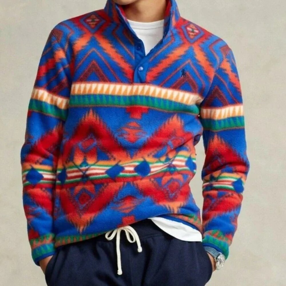 New Polo Ralph Lauren Aztec Southwestern‎ Fleece Jacket 1/4 Snap Bold Mens Small